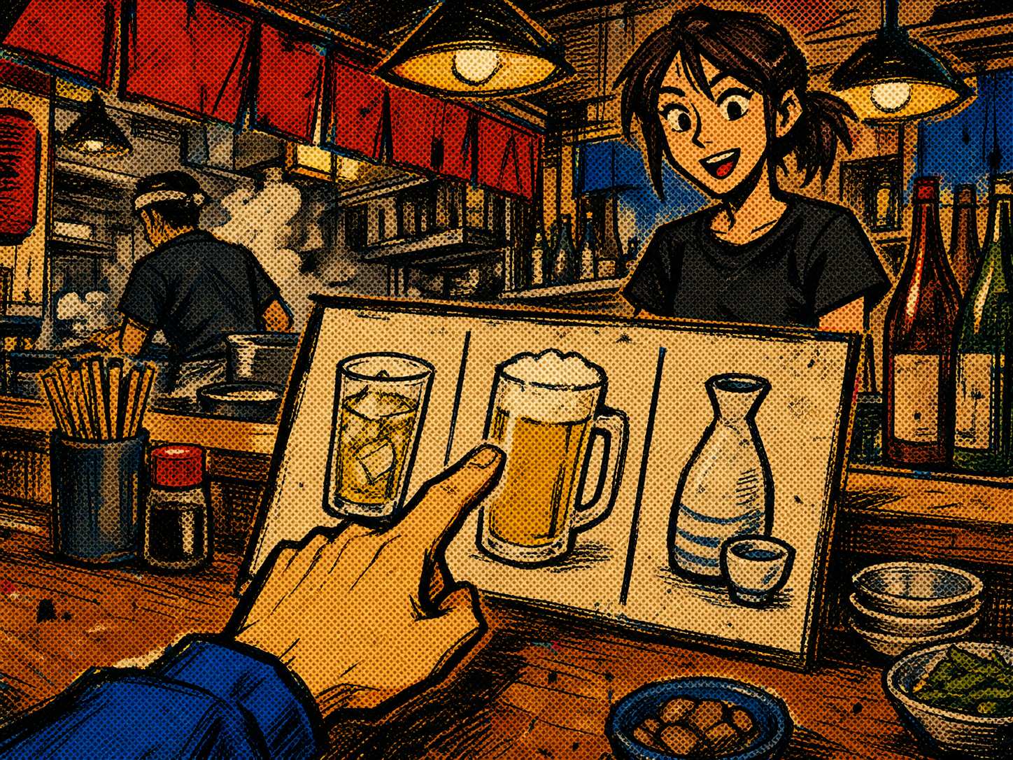 パーラーヒバリの店内でドリンクメニューから生ビールを選ぶイラスト