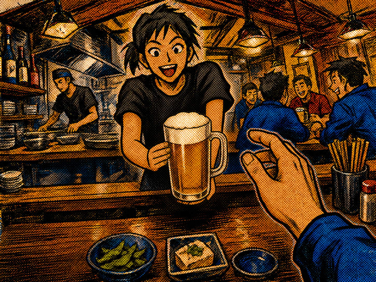 女性スタッフが両手で生ビールを渡し、お客さんが受け取るイラスト